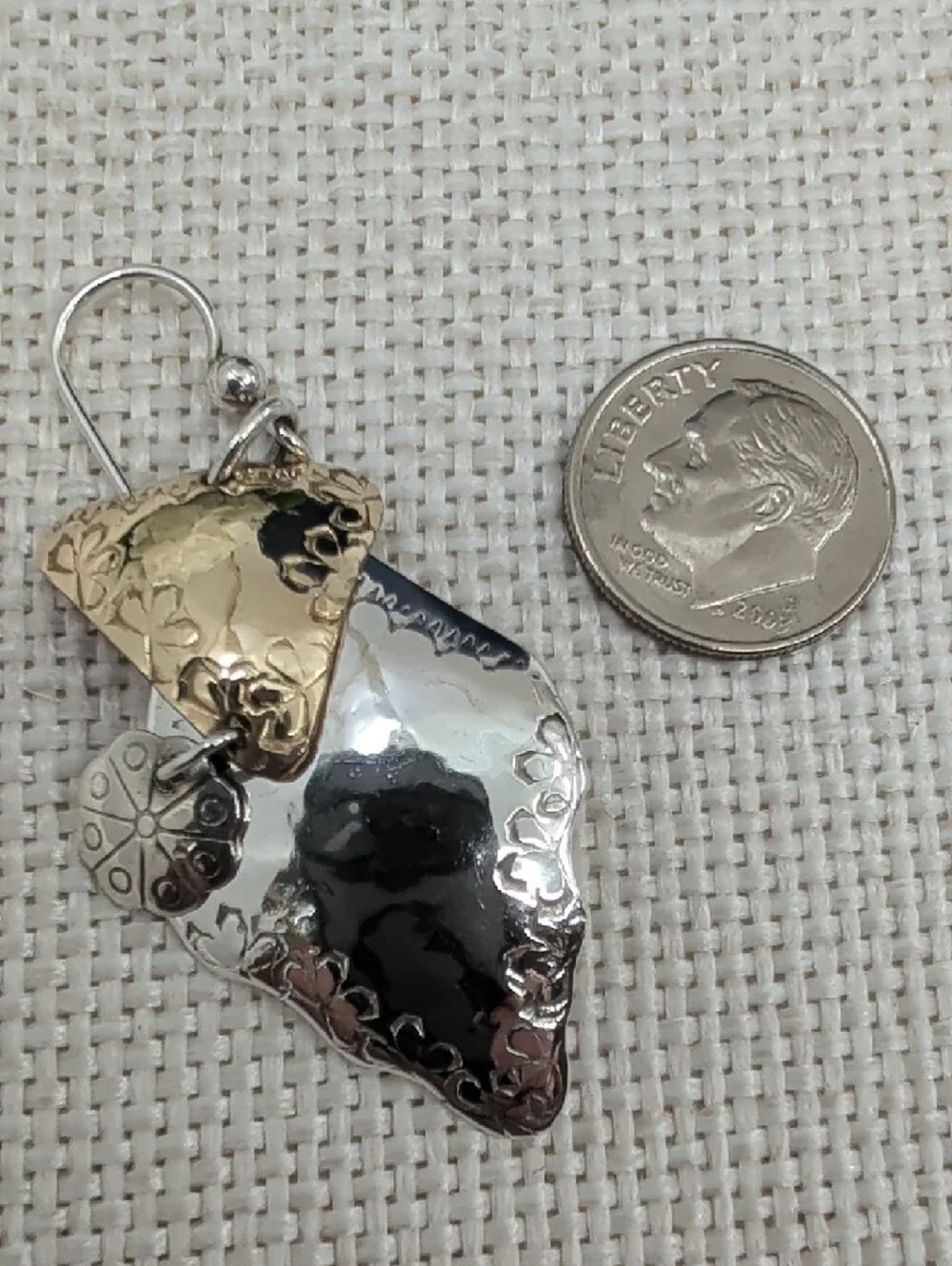 Vintage Hand-Hammered 925 Sterling Two-Tone Shield Dangle Earrings